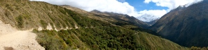 Panorama of the road we are taking, that snowy mountain in the back is Mount Salkantay