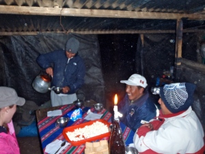 A great night socializing with the porters and cooks after a long day of hiking